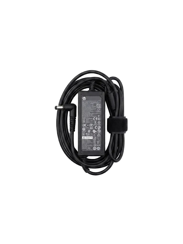 A black HP laptop power adapter with its coiled cable and barrel plug, shown from the back with printed specifications, isolated on a white background.
