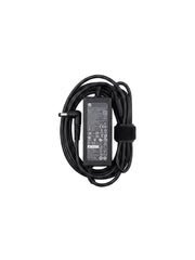 A black HP laptop power adapter with its coiled cable and barrel plug, shown from the back with printed specifications, isolated on a white background.