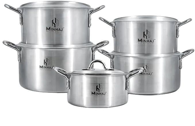A 5-piece MINHAJ stainless steel cookware set including three stock pots, two saucepans, and one small pot with lid, arranged on a white reflective surface.