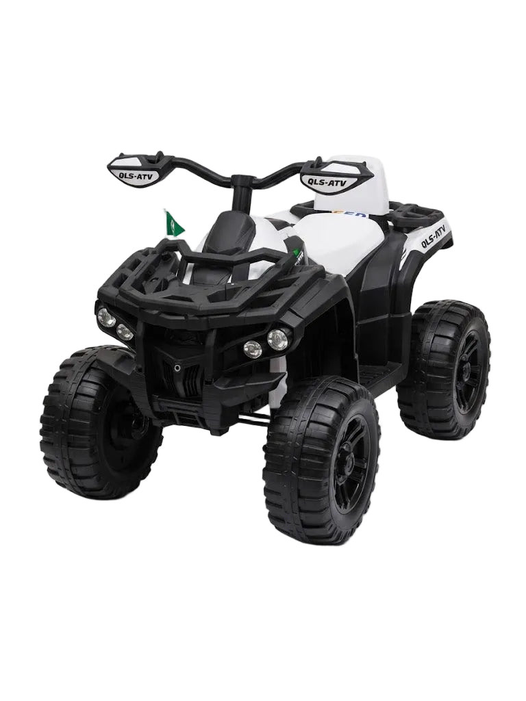 A black and white ride-on toy ATV with rugged black tires, black handlebars, and visible 'DLE-ATV' branding on the handlebars and side panels, photographed on a clean white background.