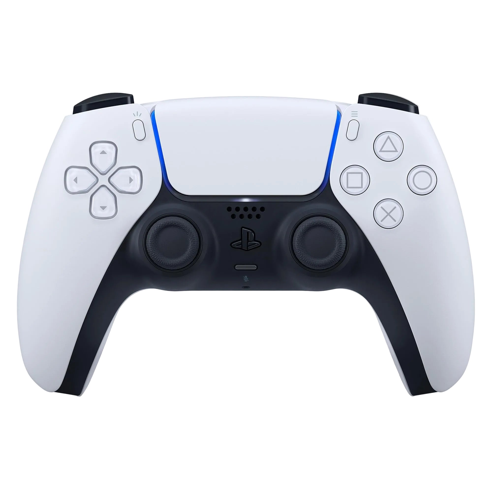 A PlayStation 5 DualSense wireless controller in white and black with blue accent lighting, shown from a front-facing perspective on a clean white background.