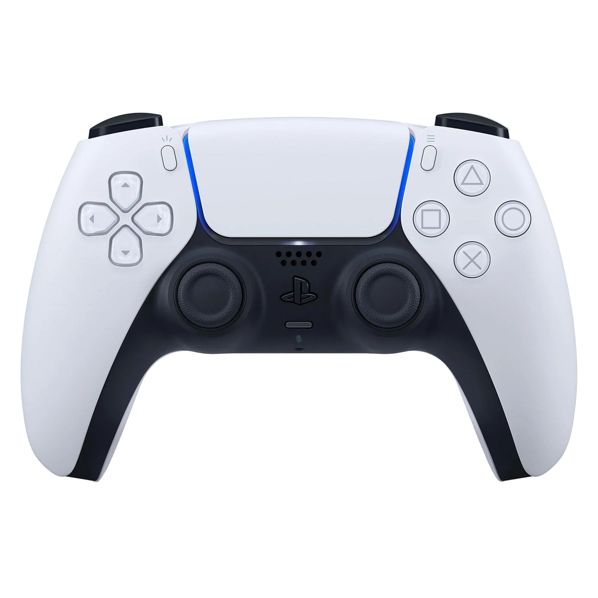 A PlayStation 5 DualSense wireless controller in white and black with blue accent lighting, shown from a front-facing perspective on a clean white background.