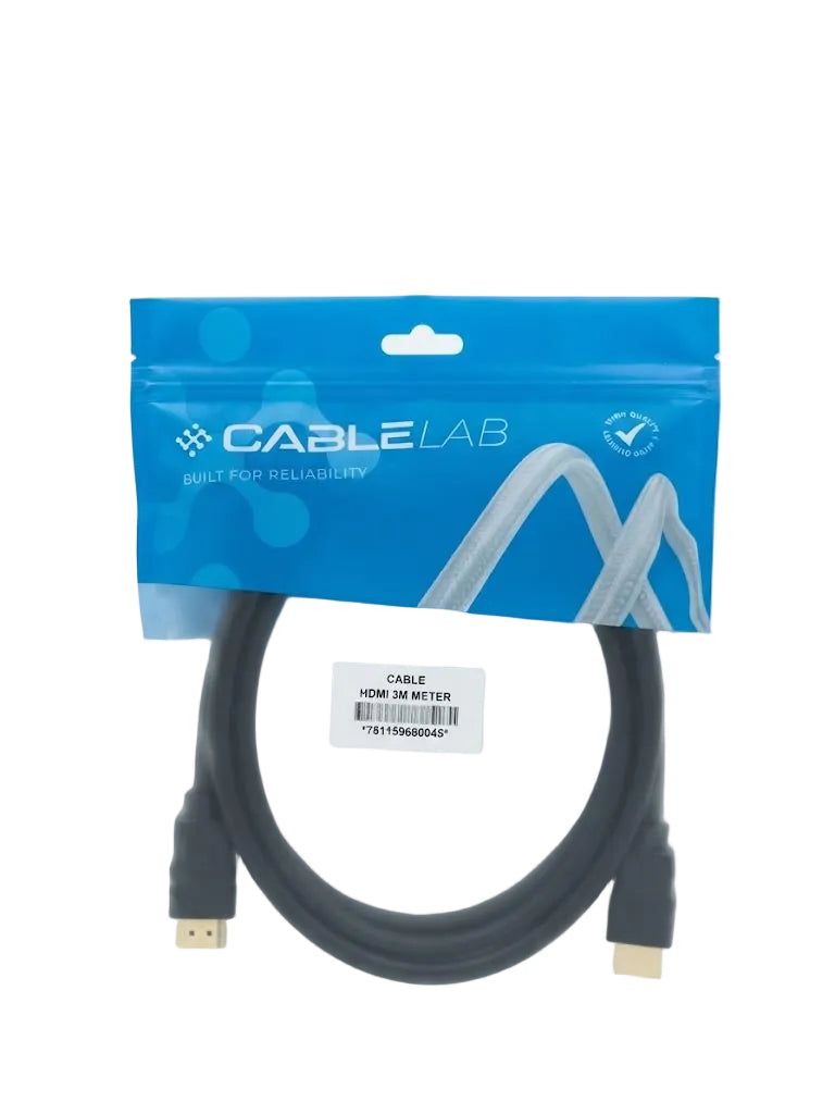 A black HDMI 3K meter cable by Cable Lab, coiled inside its blue and clear retail packaging, shown against a plain white background.