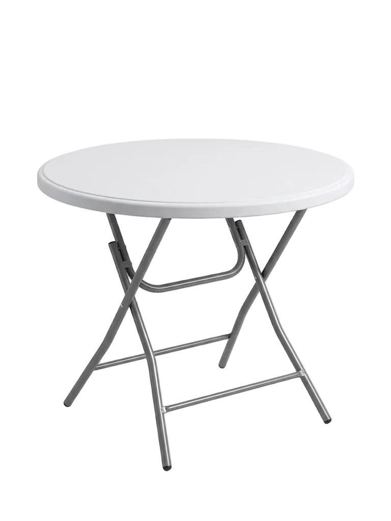A round folding table with a white plastic tabletop and a silver metal frame, shown on a clean white background.