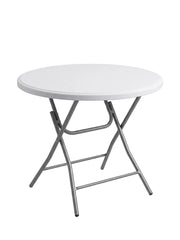 A round folding table with a white plastic tabletop and a silver metal frame, shown on a clean white background.