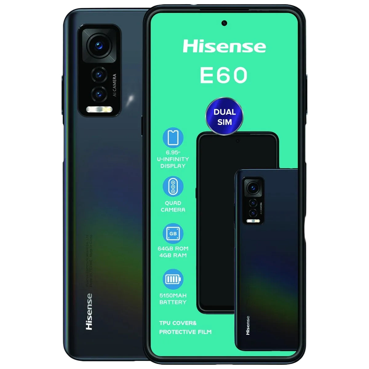 Hisense E60 smartphone shown from the back in a dark iridescent finish, alongside a promotional graphic panel displaying the Hisense E60 branding and feature icons.