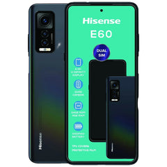 Hisense E60 smartphone shown from the back in a dark iridescent finish, alongside a promotional graphic panel displaying the Hisense E60 branding and feature icons.
