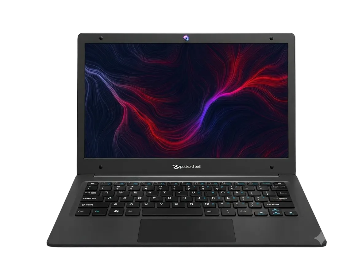 A black Zpoolsoftel laptop shown open against a plain white background, displaying a colorful abstract screen wallpaper.