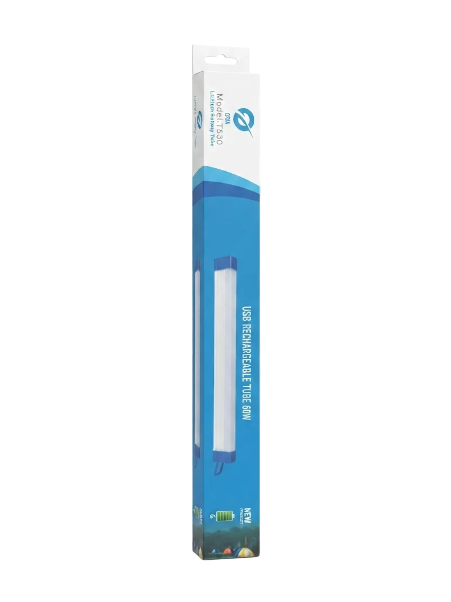 A tall, narrow retail package for a USB rechargeable torch light, shown standing upright on a clean white background. The box is predominantly blue and white with a photo window revealing the cylindrical torch light inside.
