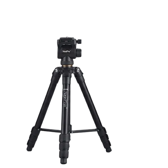 Two black camera tripods photographed on a clean light gray studio background. The tripod on the left is fully extended with a handguard and leg knobs visible, and the tripod on the right is partially folded.