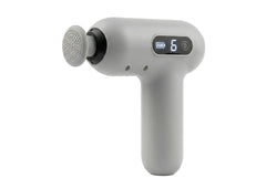 A modern gray handheld massage gun with a digital display showing battery level and mode number 6, set against a plain white background.