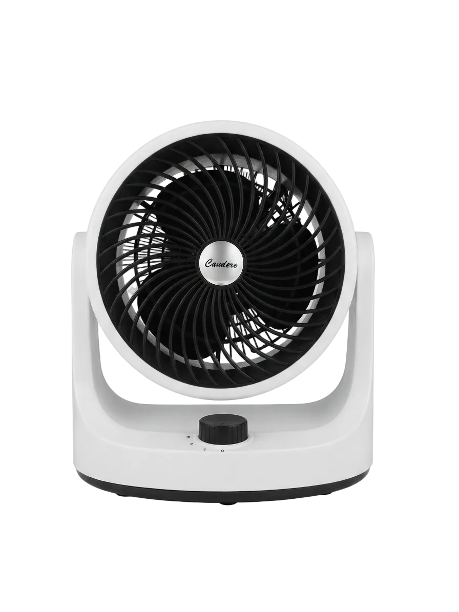 A white and black oscillating fan with a circular design, featuring a central brand label that reads 'Celexa'. The fan is positioned against a seamless white background.