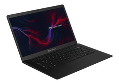 A black Rockchip Zete laptop shown open at an angle on a plain white background, with the screen displaying a dark abstract wallpaper and the Rockchip logo.