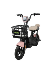 A compact electric bicycle with a black frame, black front basket, light pink fenders, and a beige seat, shown on a clean white background.