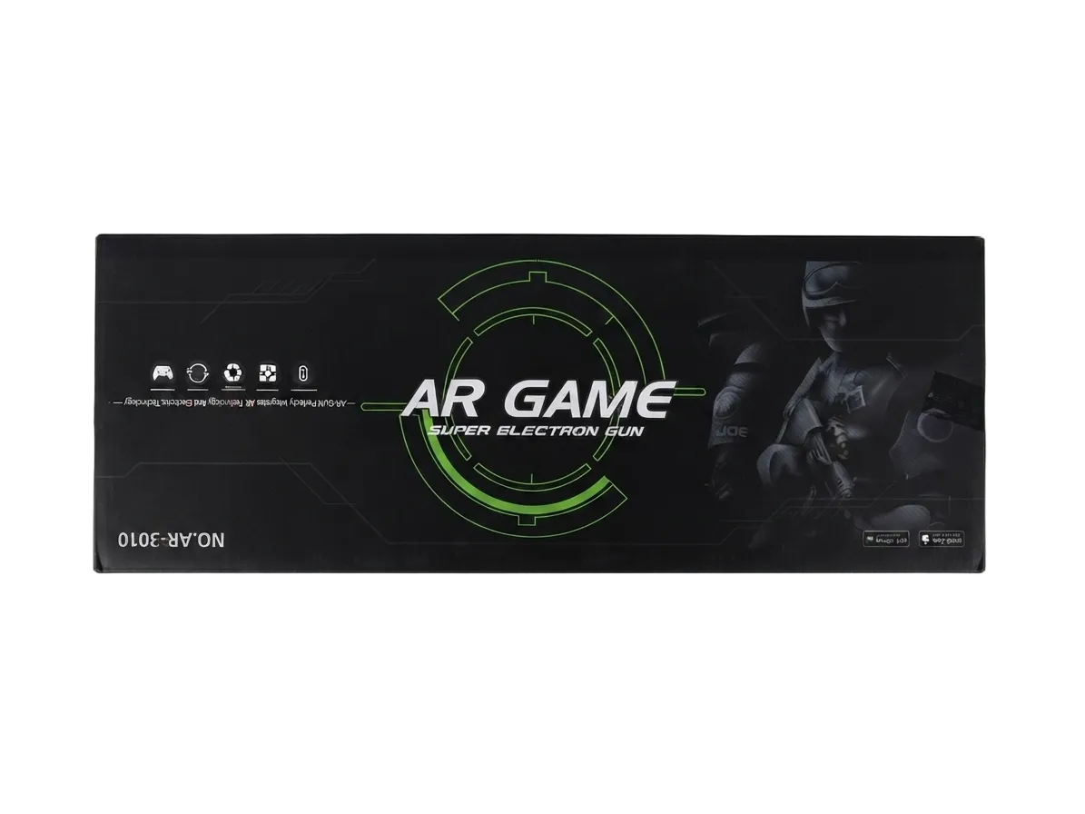 A long, rectangular black product box with green and white futuristic text and graphics, photographed against a clean white background.
