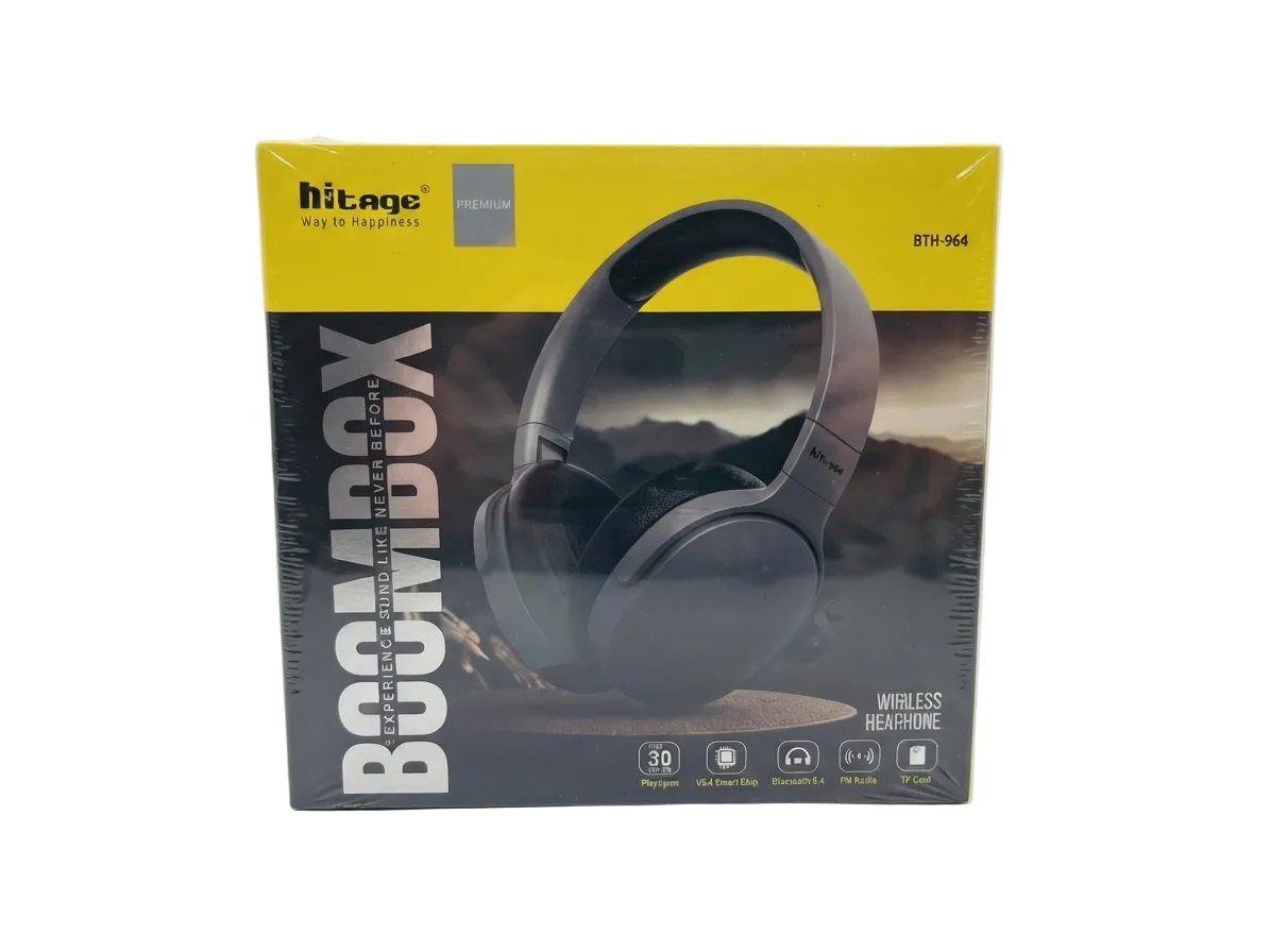 Hitage Boombox wireless over-ear headphones retail packaging, featuring a yellow and black design with a graphic of the dark gray headphones on the front.