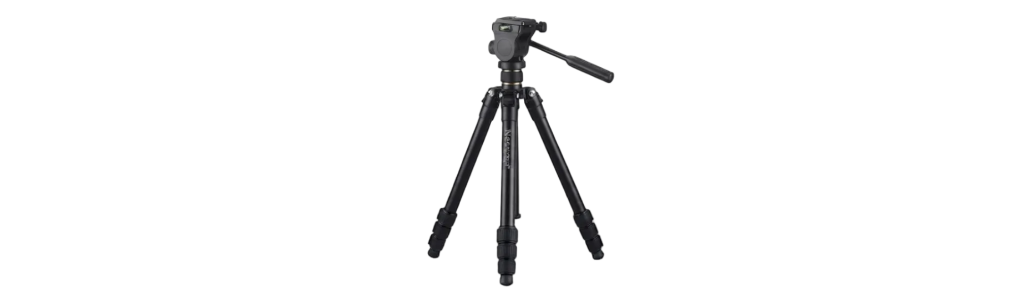 A black tripod with a fluid head and leg locks, standing on a light gray floor against a white studio background.