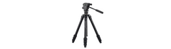 A black tripod with a fluid head and leg locks, standing on a light gray floor against a white studio background.