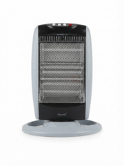 A compact electric heater with a gray and black design, featuring a mesh front panel and a circular base, shown against a plain white background.