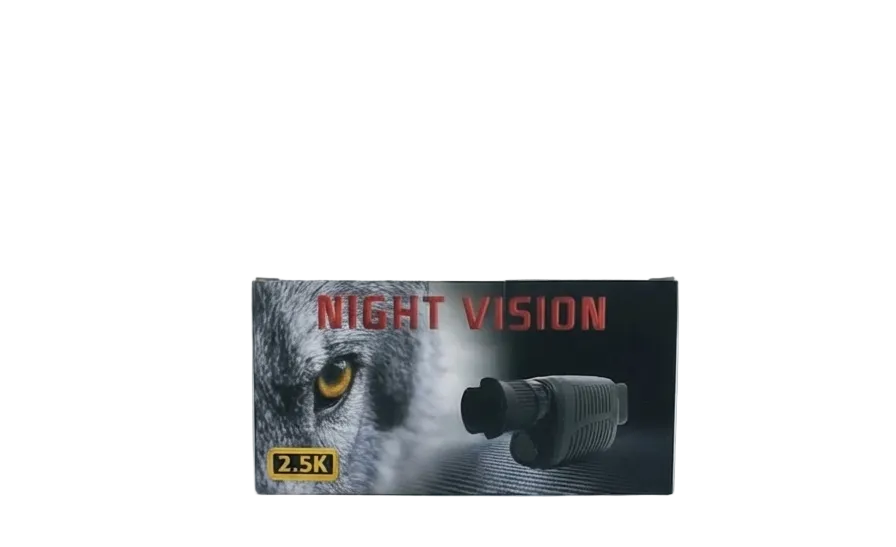 A boxed night vision device shown against a plain light gray background. The front of the box features a close-up owl face, the words 'NIGHT VISION' in red, and a small yellow badge reading '2.