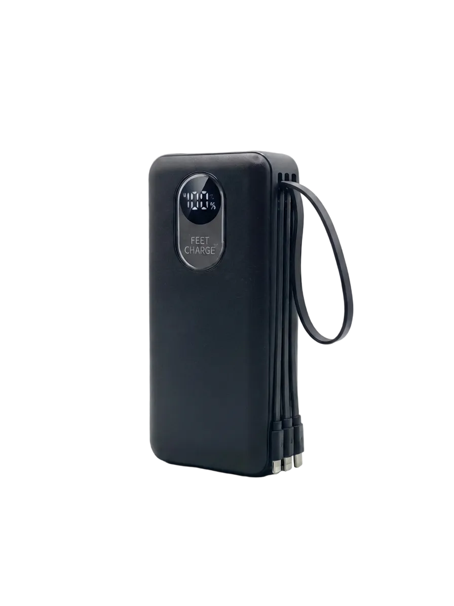 A black portable power bank with a digital display showing 100% charge, featuring a wrist strap and multiple USB-C output cables, set against a plain light gray background.