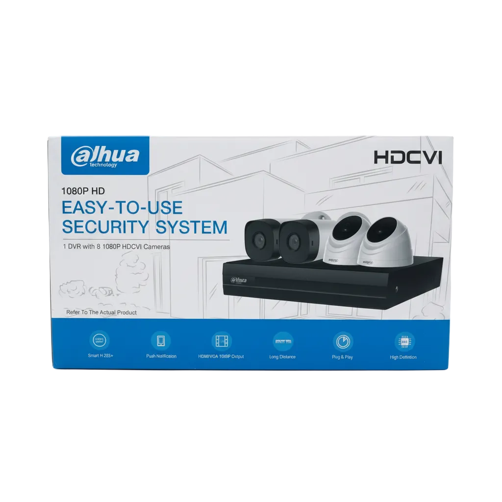 A Dahua 1080P HD Easy-to-Use Security System retail box, featuring a black DVR and three white dome security cameras on the front, with blue and white branding.