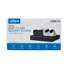 A Dahua 1080P HD Easy-to-Use Security System retail box, featuring a black DVR and three white dome security cameras on the front, with blue and white branding.