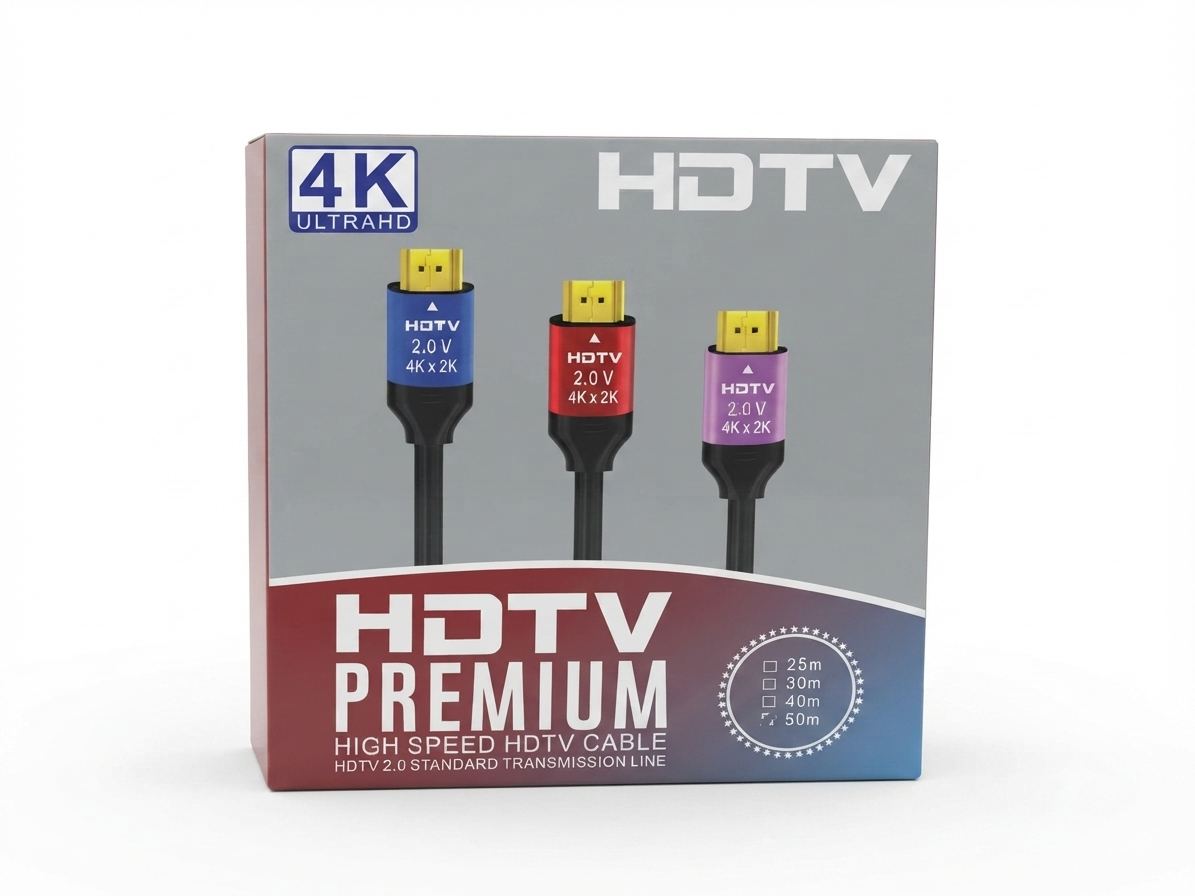A retail box for an HDTV Premium high speed HDMI cable, featuring a gray background with illustrations of three cable connectors in blue, red, and purple, and a red-to-blue gradient lower section with text detailing the product features.