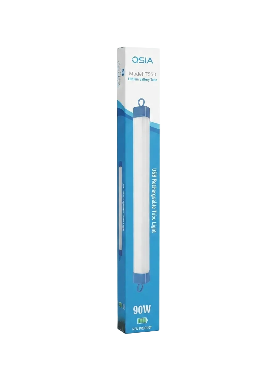 A boxed OSIA TIS600 90W USB Rechargeable Flash Light shown in its retail packaging against a clean white background.