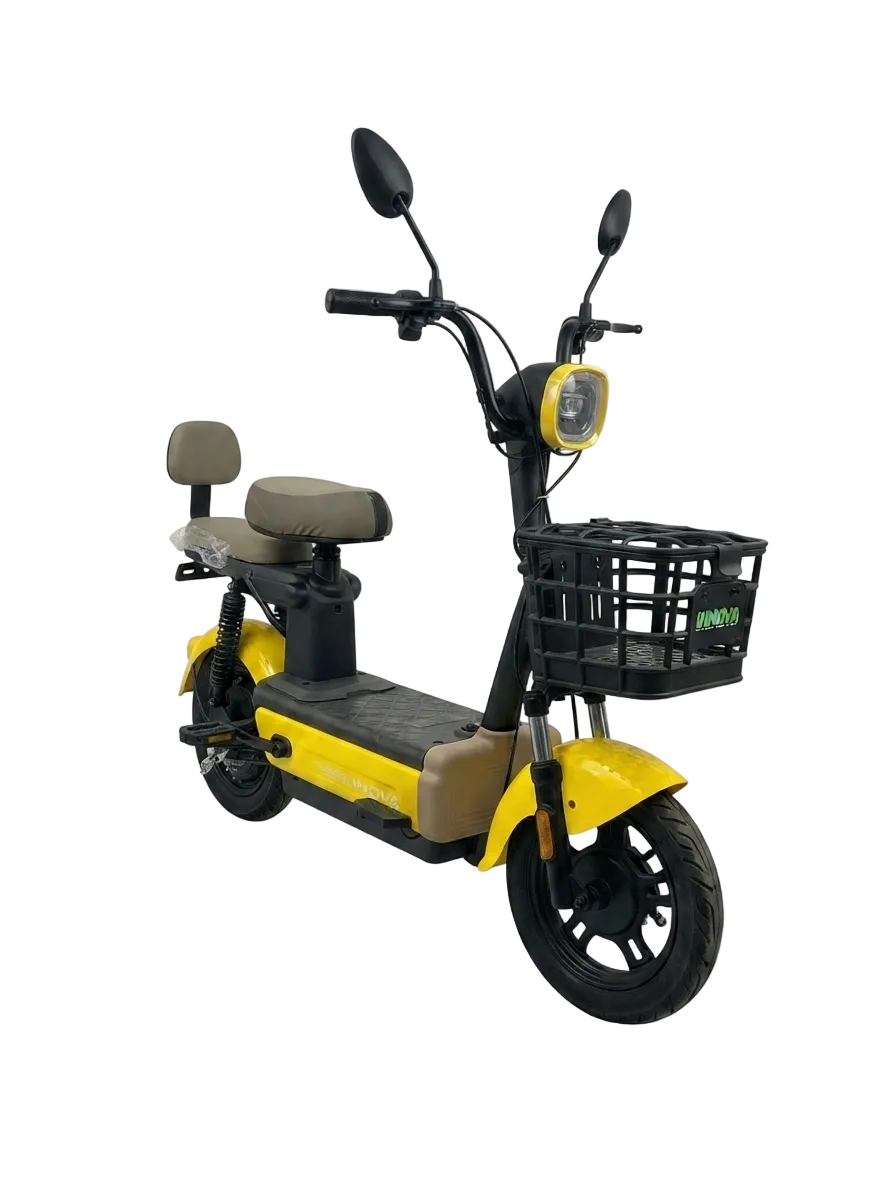 A yellow and black electric scooter with a front basket, rear passenger seat, and black tires, shown on a plain white background.