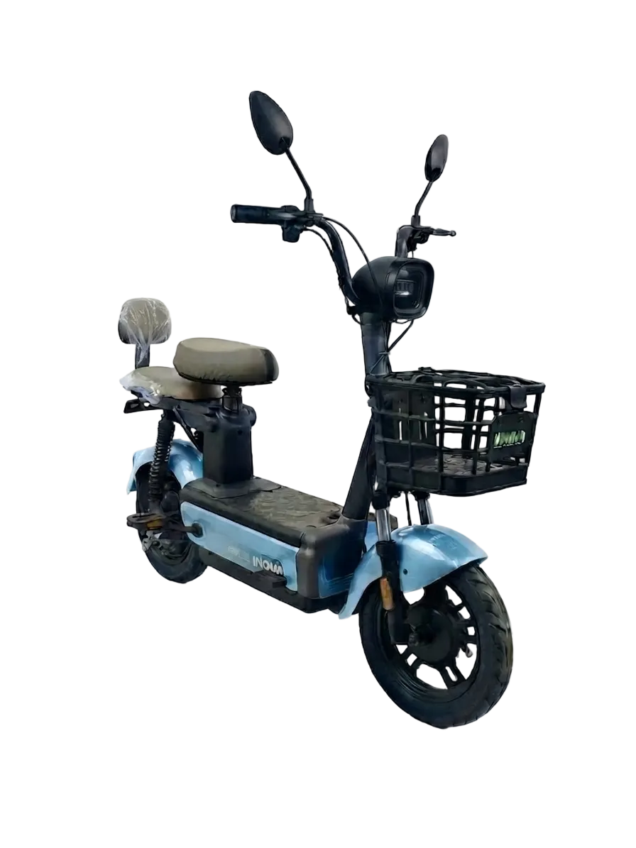 A light blue and black electric scooter with a front basket, rear passenger seat, and black handlebars, photographed against a plain light gray studio background.