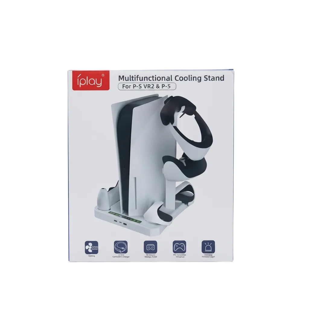 iPlay Multifunctional Cooling Stand retail packaging box, featuring a PlayStation 5 console and a black-and-white cooling arm on a clean white background.