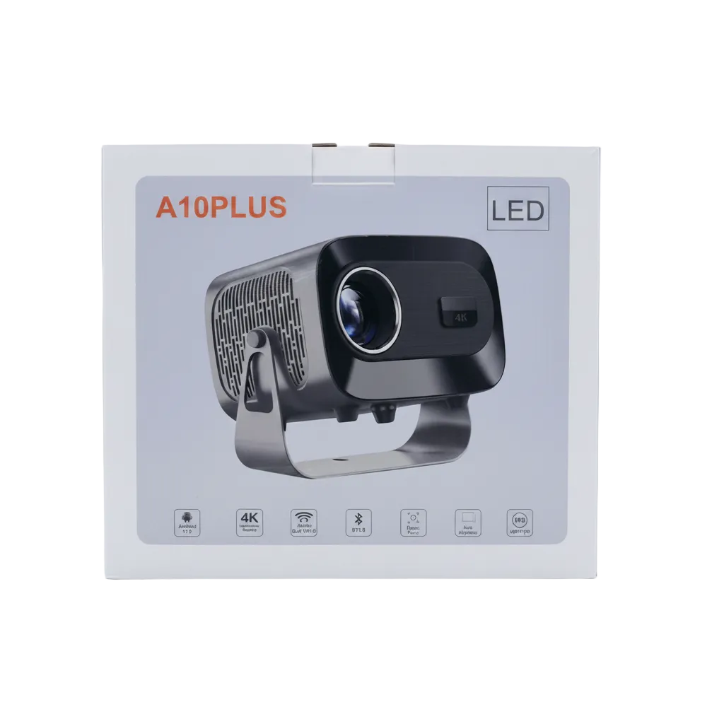 A10PLUS LED projector box on a clean white background, featuring a printed image of the black projector and feature icons along the bottom.