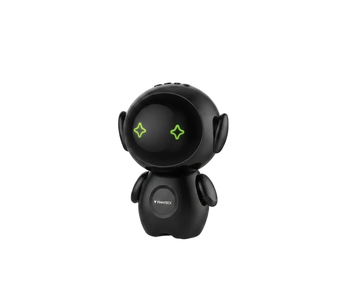 A small black robot toy with a glossy round head, two bright green star-shaped eyes, and a circular button on the front, shown on a clean white background.