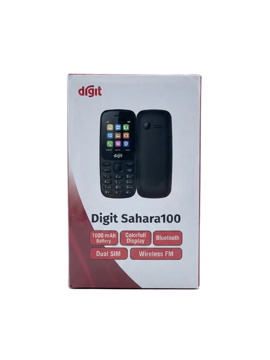 A retail box for the Digit Sahara100 mobile phone, showing a black phone image on a white and red background with product feature labels.