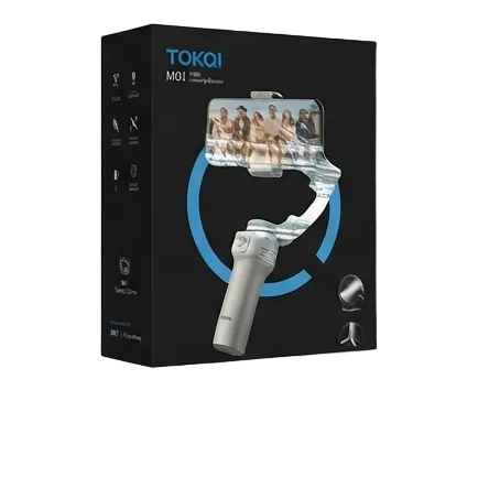 Six black retail boxes for a TOKYO MIJI handheld gimbal product, arranged in two rows of three on a light gray background. Each box shows the gimbal with a phone attached and blue circular graphics, with the TOKYO MIJI branding visible.