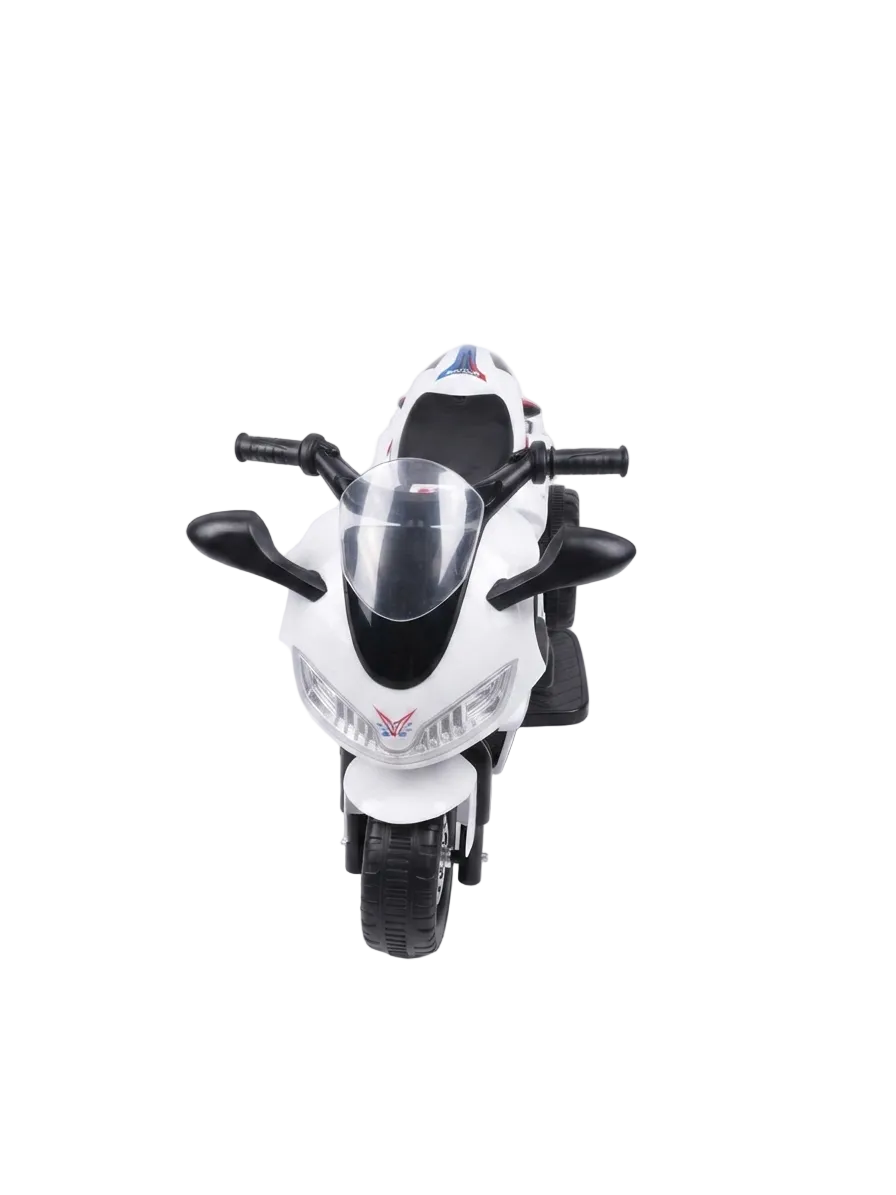 A white and black toy sport motorcycle with a clear windshield, photographed from a top-down angle on a seamless white background.