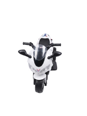 A white and black toy sport motorcycle with a clear windshield, photographed from a top-down angle on a seamless white background.