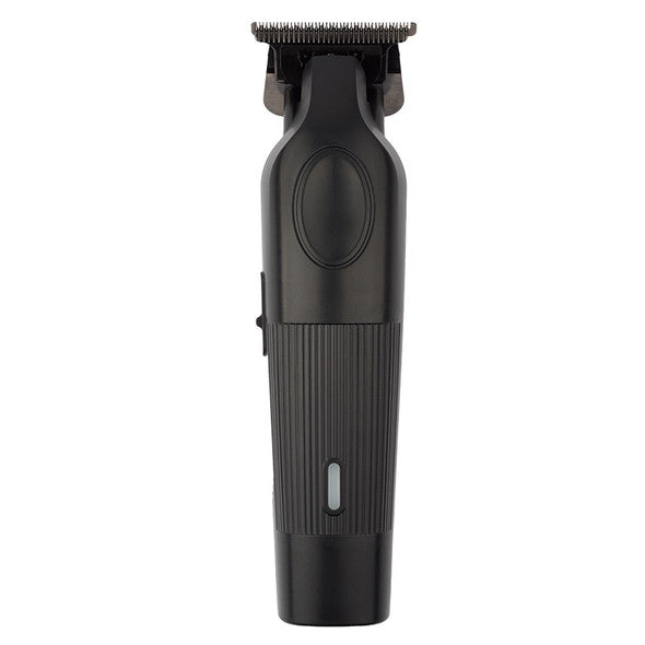Black cordless hair trimmer with a textured grip and metallic cutting blade, shown vertically against a plain white background.