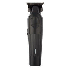 Black cordless hair trimmer with a textured grip and metallic cutting blade, shown vertically against a plain white background.