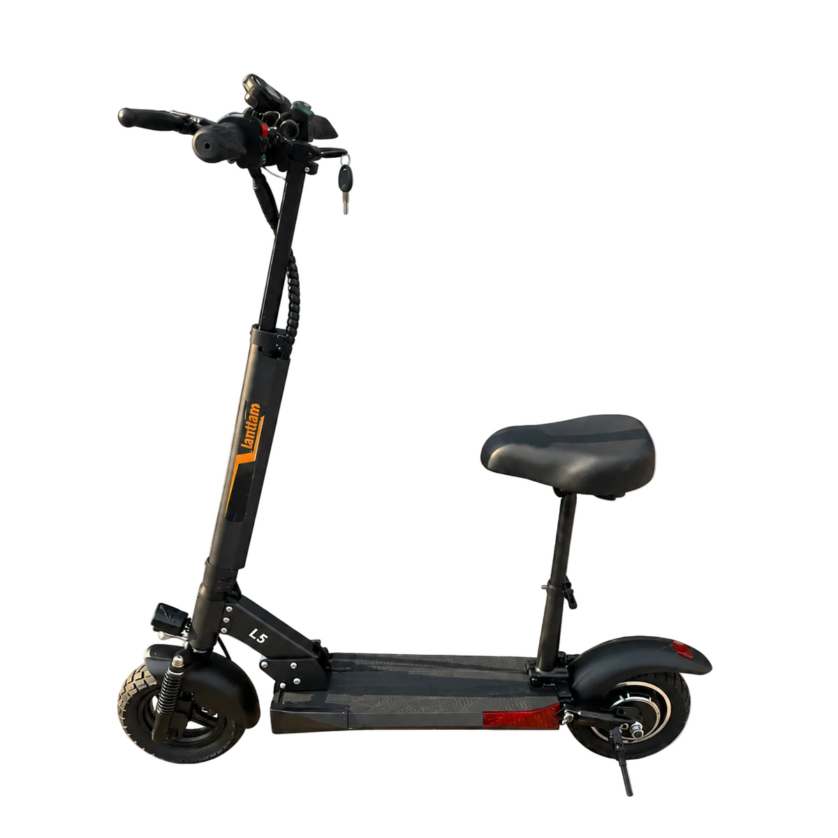 A black electric scooter with a black saddle, black handlebars, and a black deck, featuring a small orange and white 'Lunamo' brand logo on the frame, shown against a plain white background.