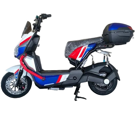 A modern electric scooter with a black, white, and red livery design, featuring a top-mounted storage box, a seat wrapped in protective plastic, and a windscreen, shown against a plain white background.