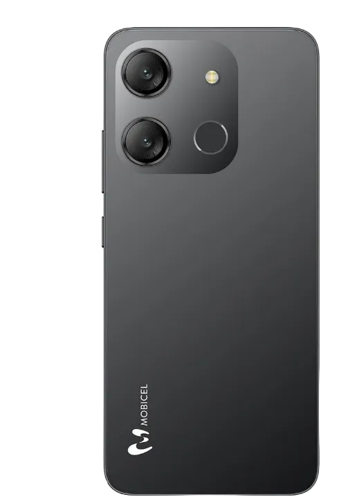 The back of a black MoBICEL smartphone, featuring a dual-camera system, a fingerprint sensor, and the MoBICEL logo near the bottom, shown on a plain white background.