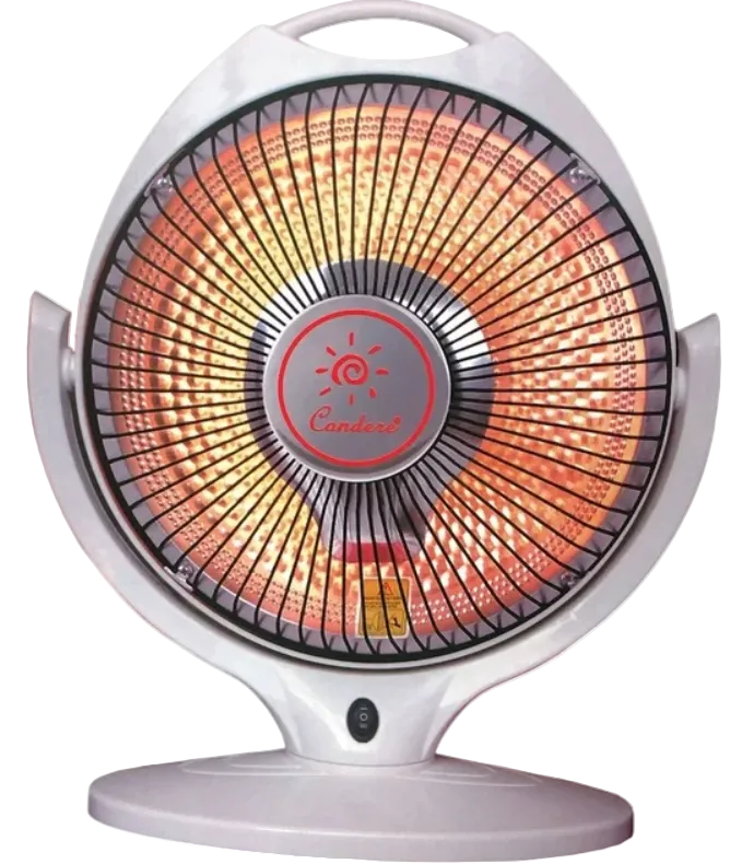 A white portable electric heater with a circular design, featuring glowing orange heating elements behind a black safety grille and a central red and silver Control-F brand logo.
