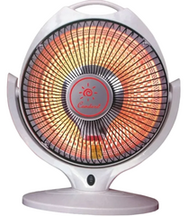 A white portable electric heater with a circular design, featuring glowing orange heating elements behind a black safety grille and a central red and silver Control-F brand logo.