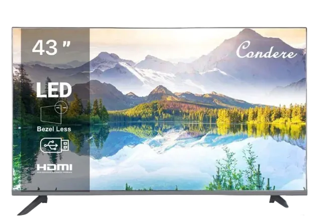 A 43-inch LED television with a slim black bezel and dual black metal legs, displaying a scenic mountain lake landscape on a white background with promotional text overlays.