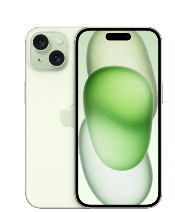 An Apple iPhone shown from the back and front, featuring a pale green color with a matching green abstract wallpaper on the screen.