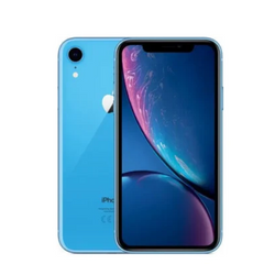 Blue Apple iPhone XR shown from both the front and back, featuring a single rear camera and the Apple logo on a plain white background.