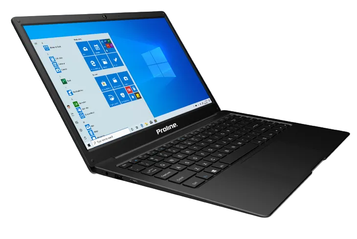 A black Proline laptop shown open at an angle against a plain white background, with the Windows desktop visible on the screen.
