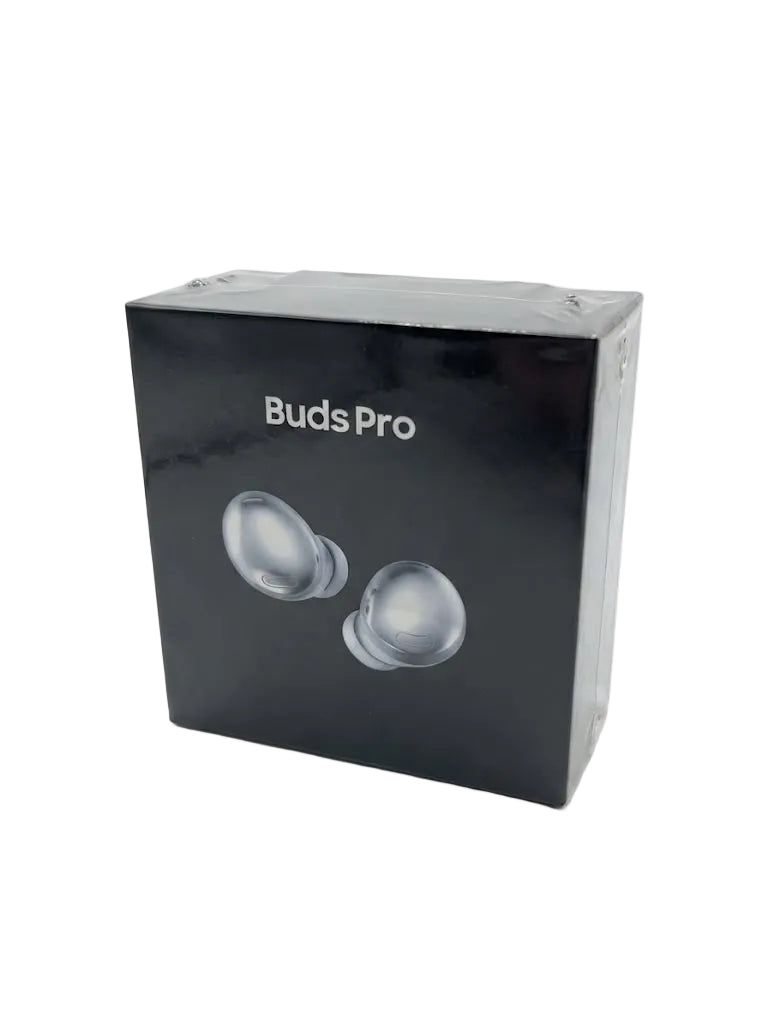 Black retail packaging box for Buds Pro earbuds, shown at a three-quarter angle on a white background.